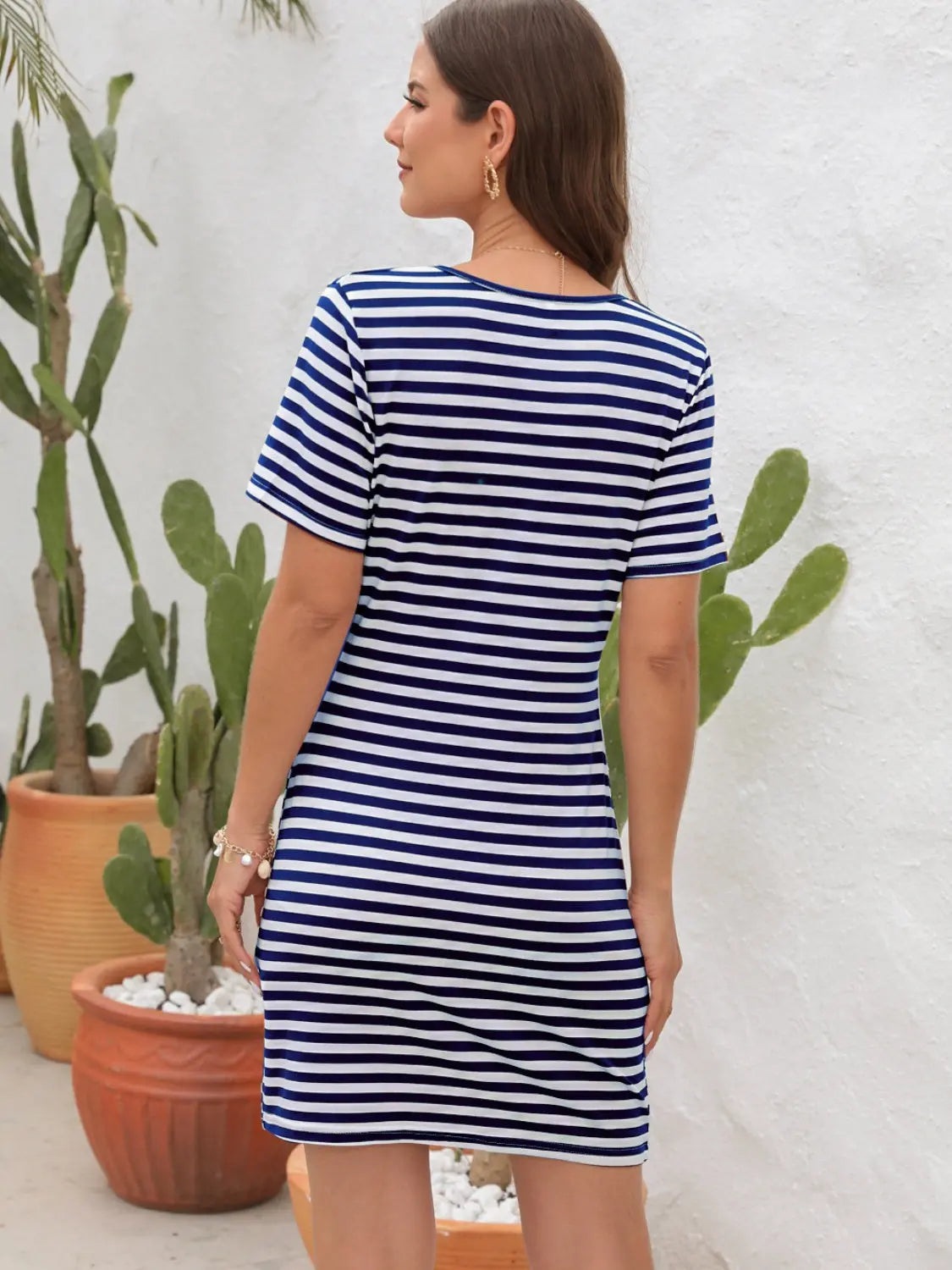 Cutout Striped Round Neck Short Sleeve Dress - GlossiChic Collection Chestnut / S GlossiChic Collection Dresses