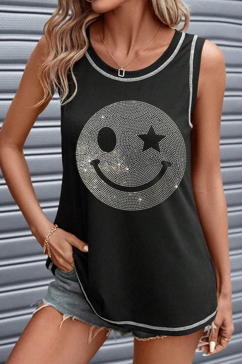 Rhinestone Smile Face Round Neck Tank - GlossiChic Collection Black / S GlossiChic Collection Shirts & Tops