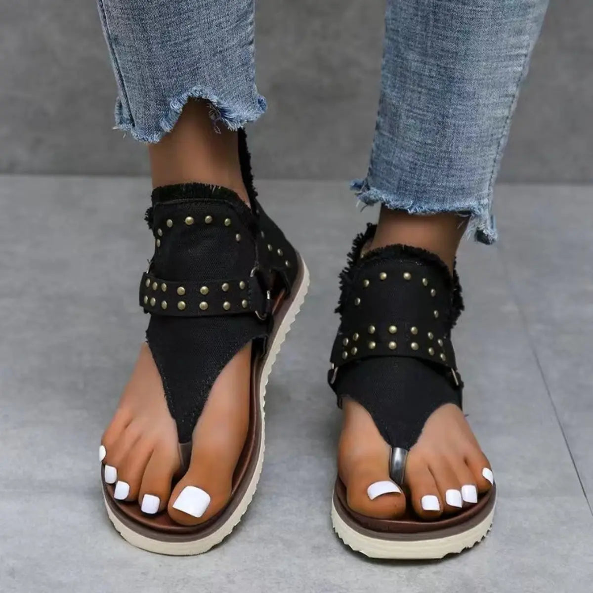 Studded Raw Hem Flat Sandals - GlossiChic Collection Dark / 36(US5) GlossiChic Collection Shoes & Accessories