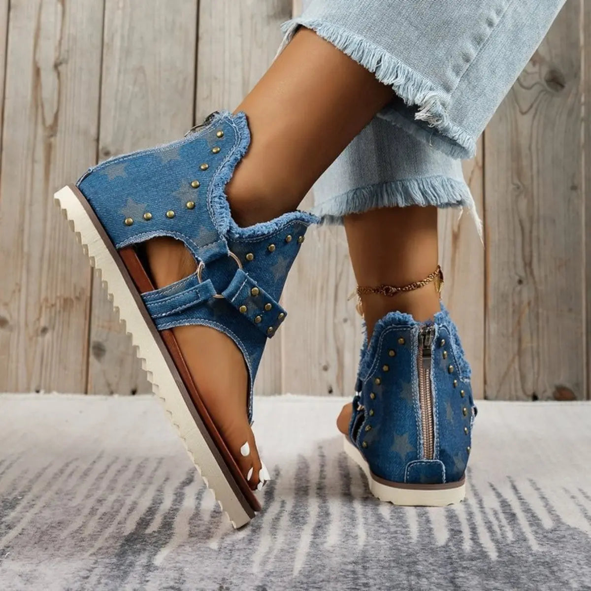 Studded Raw Hem Flat Sandals - GlossiChic Collection Medium / 36(US5) GlossiChic Collection Shoes & Accessories