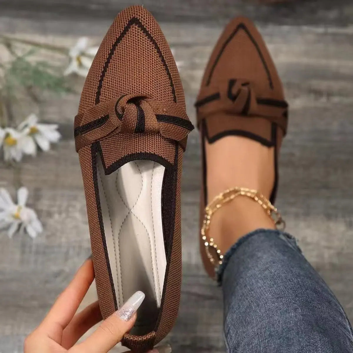 Bow Contrast Trim Point Toe Shoes - GlossiChic Collection Chestnut / 36(US5) GlossiChic Collection Shoes & Accessories