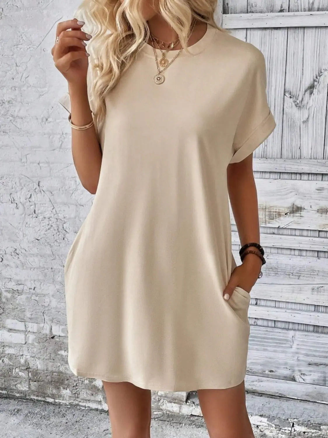 Pocketed Round Neck Short Sleeve Dress - GlossiChic Collection Sand / S GlossiChic Collection Dresses