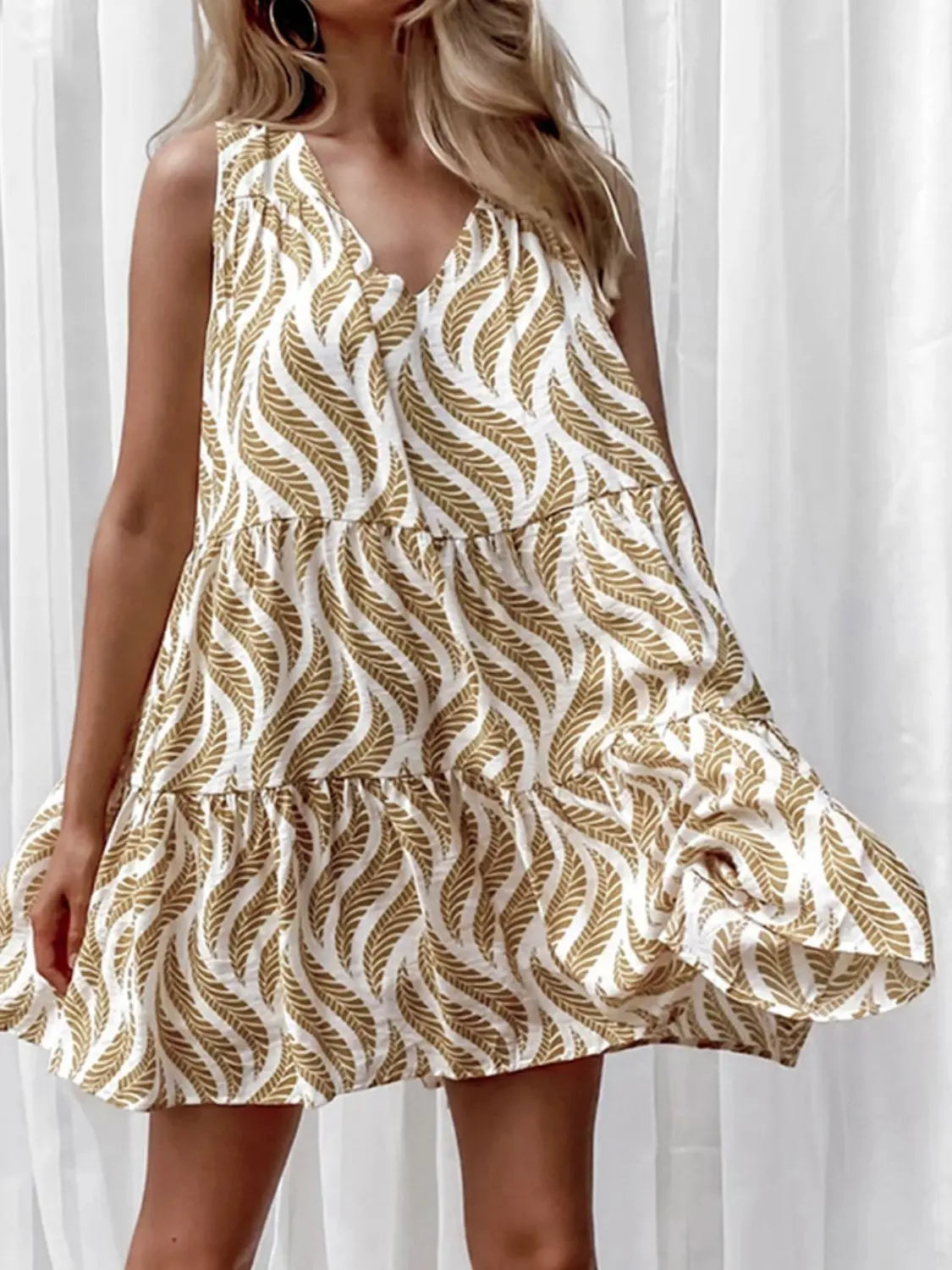 Printed V-Neck Sleeveless Mini Dress - GlossiChic Collection Straw / S GlossiChic Collection Dresses