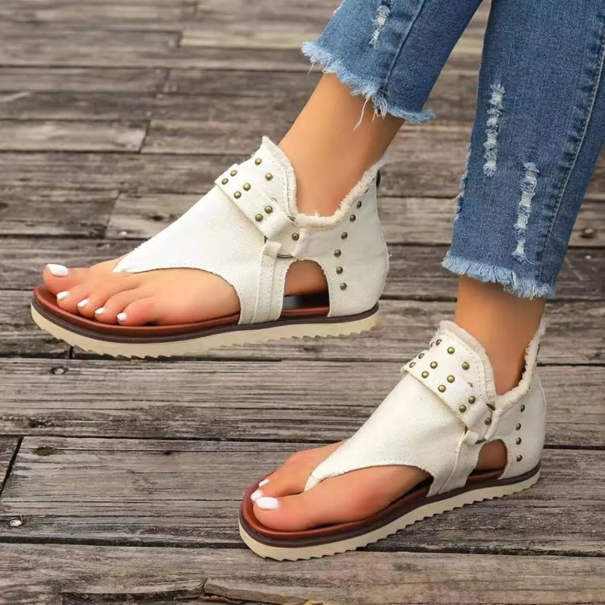 Studded Raw Hem Flat Sandals - GlossiChic Collection Medium / 36(US5) GlossiChic Collection Shoes & Accessories
