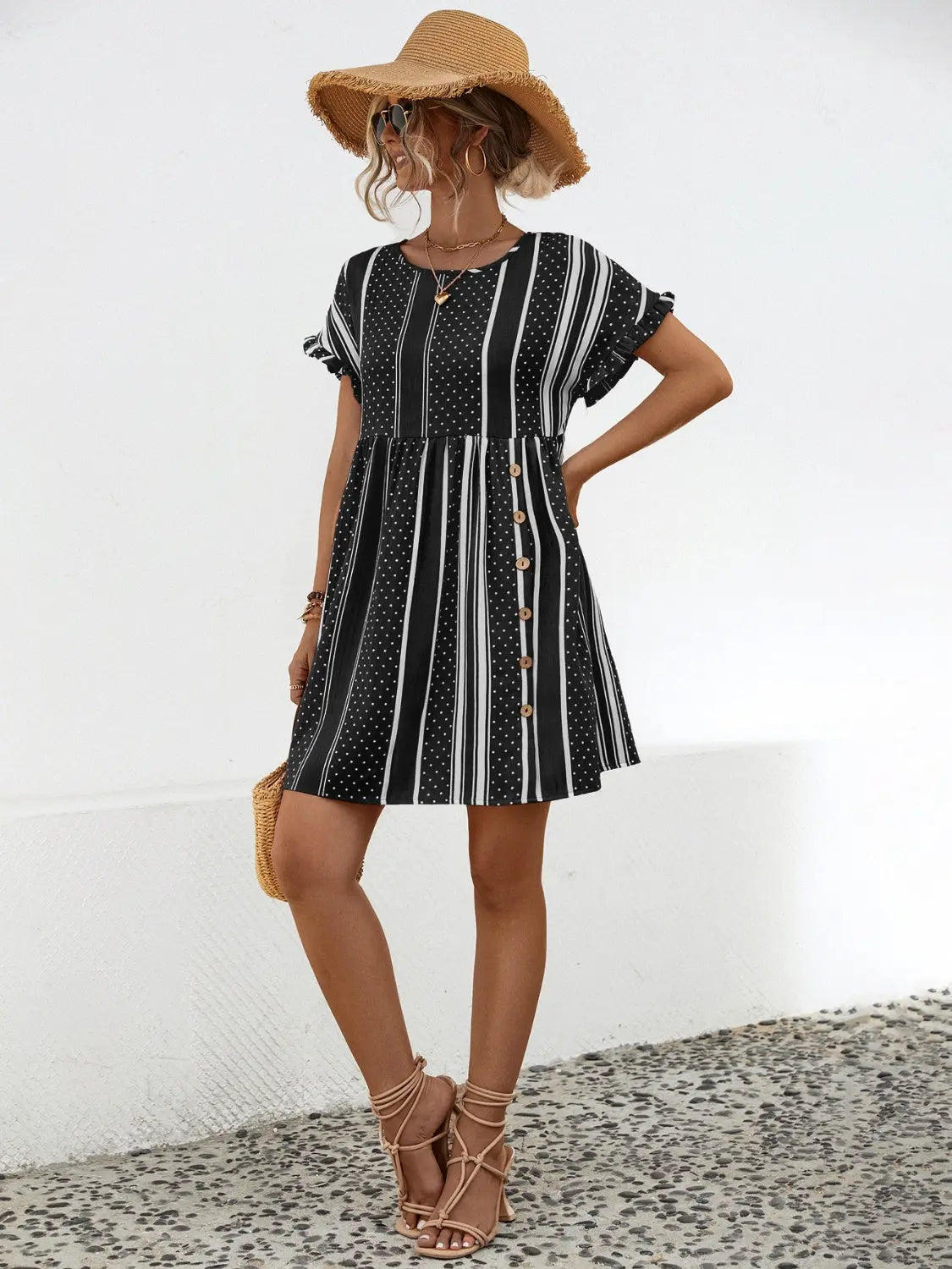 Striped Polka Dot Frill Short Sleeve Mini Dress - GlossiChic Collection Black / S GlossiChic Collection Dresses