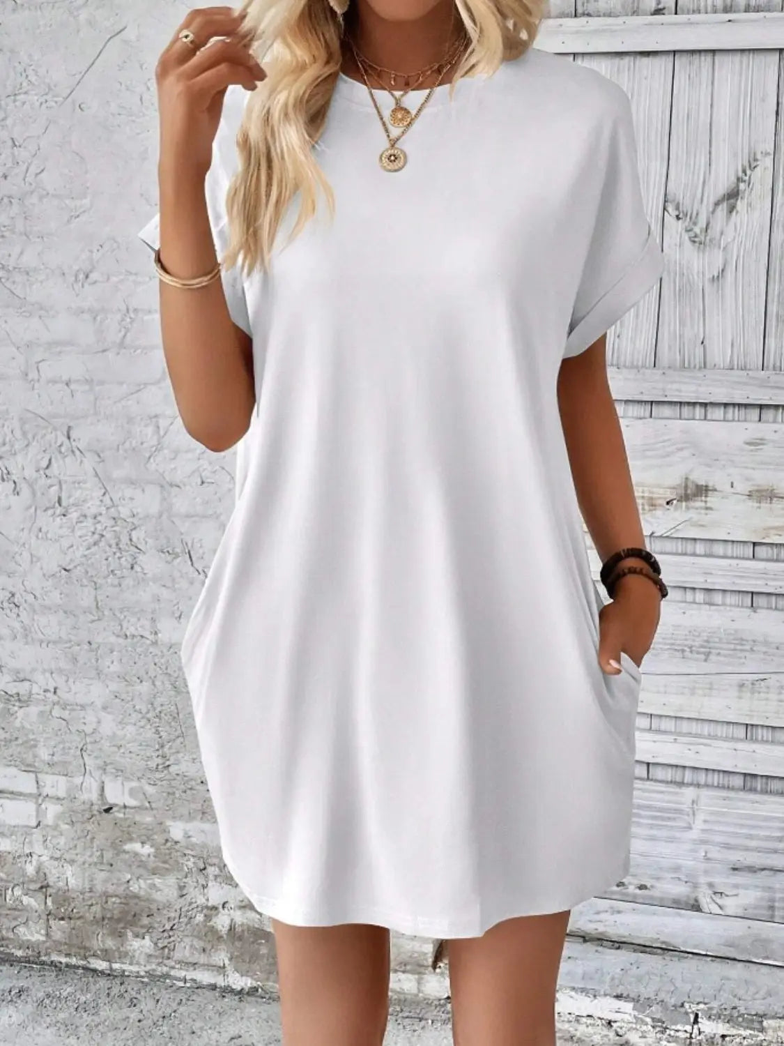 Pocketed Round Neck Short Sleeve Dress - GlossiChic Collection White / S GlossiChic Collection Dresses