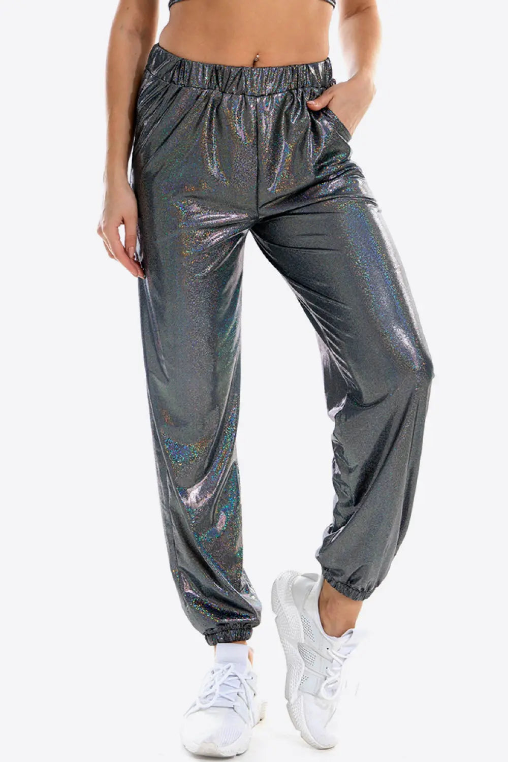 Glitter Elastic Waist Pants with Pockets - GlossiChic Collection Dark Gray / S GlossiChic Collection Jeans, Pants, & Shorts