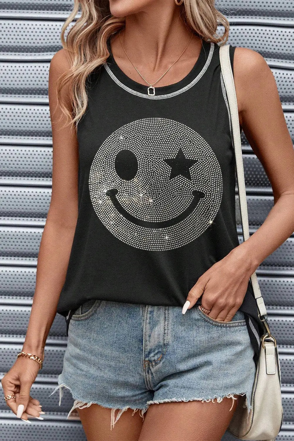 Rhinestone Smile Face Round Neck Tank - GlossiChic Collection Black / S GlossiChic Collection Shirts & Tops