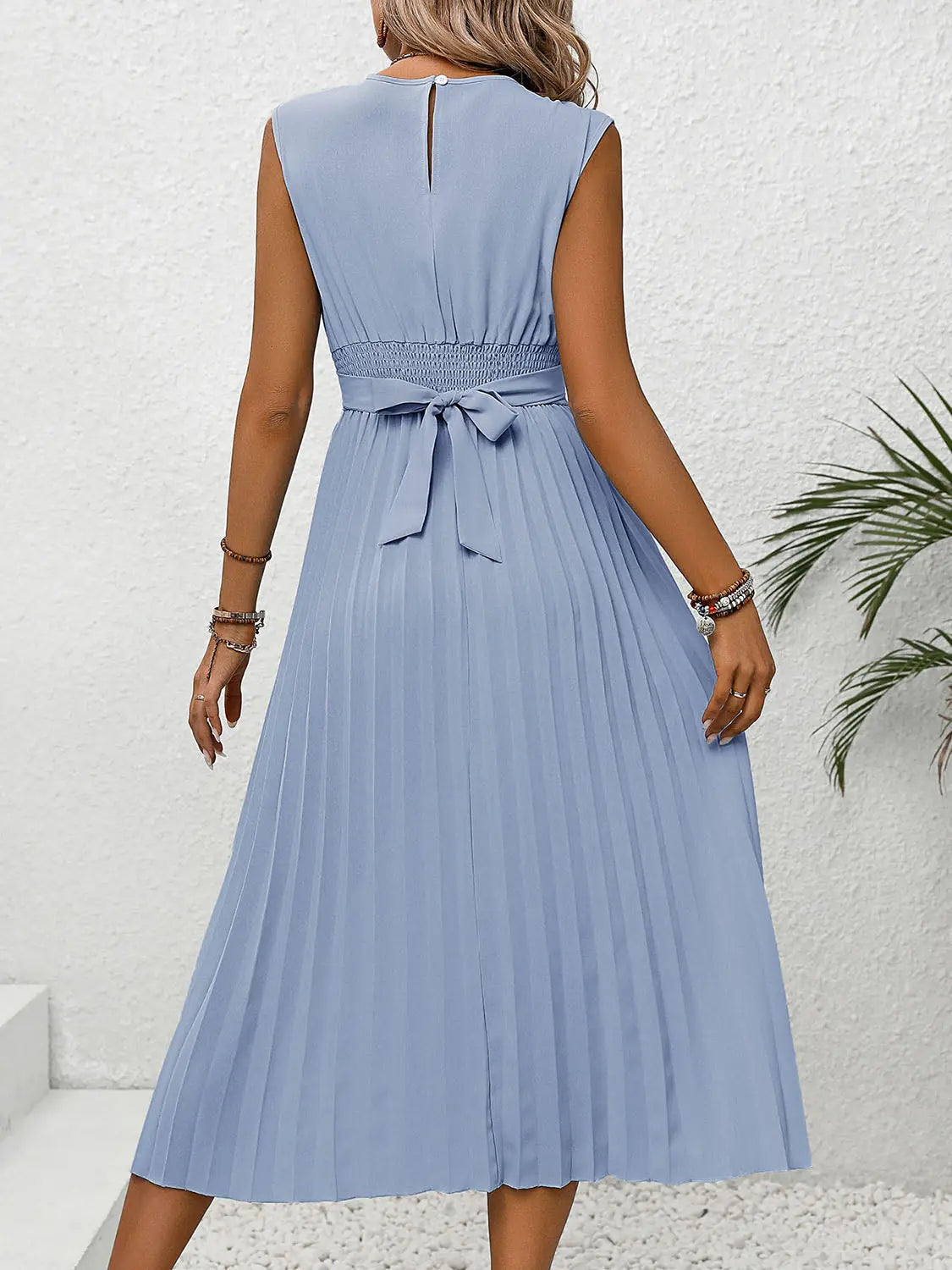 Pleated Round Neck Cap Sleeve Dress - GlossiChic Collection Blue / S GlossiChic Collection Dresses