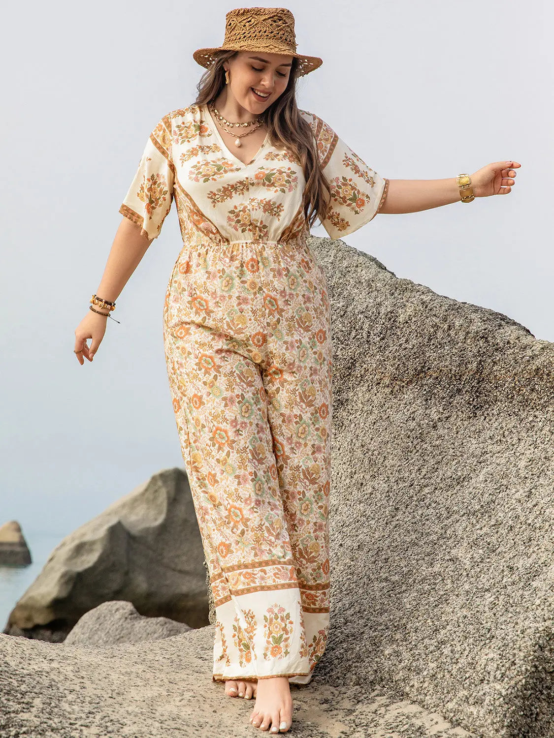 Plus Size V-Neck Flutter Sleeve Wide Leg Jumpsuit - GlossiChic Collection Apricot / 0XL GlossiChic Collection Jumpers & Rompers