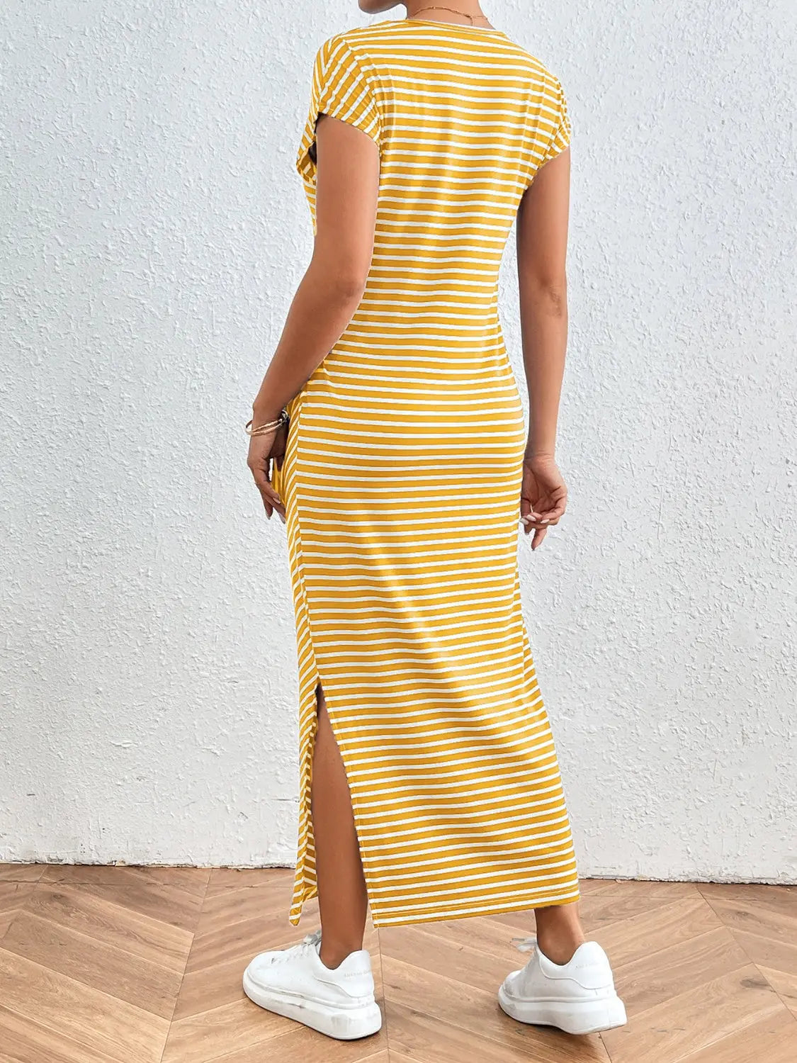 Tied Striped Round Neck Short Sleeve Tee Dress - GlossiChic Collection Gray / S GlossiChic Collection Dresses