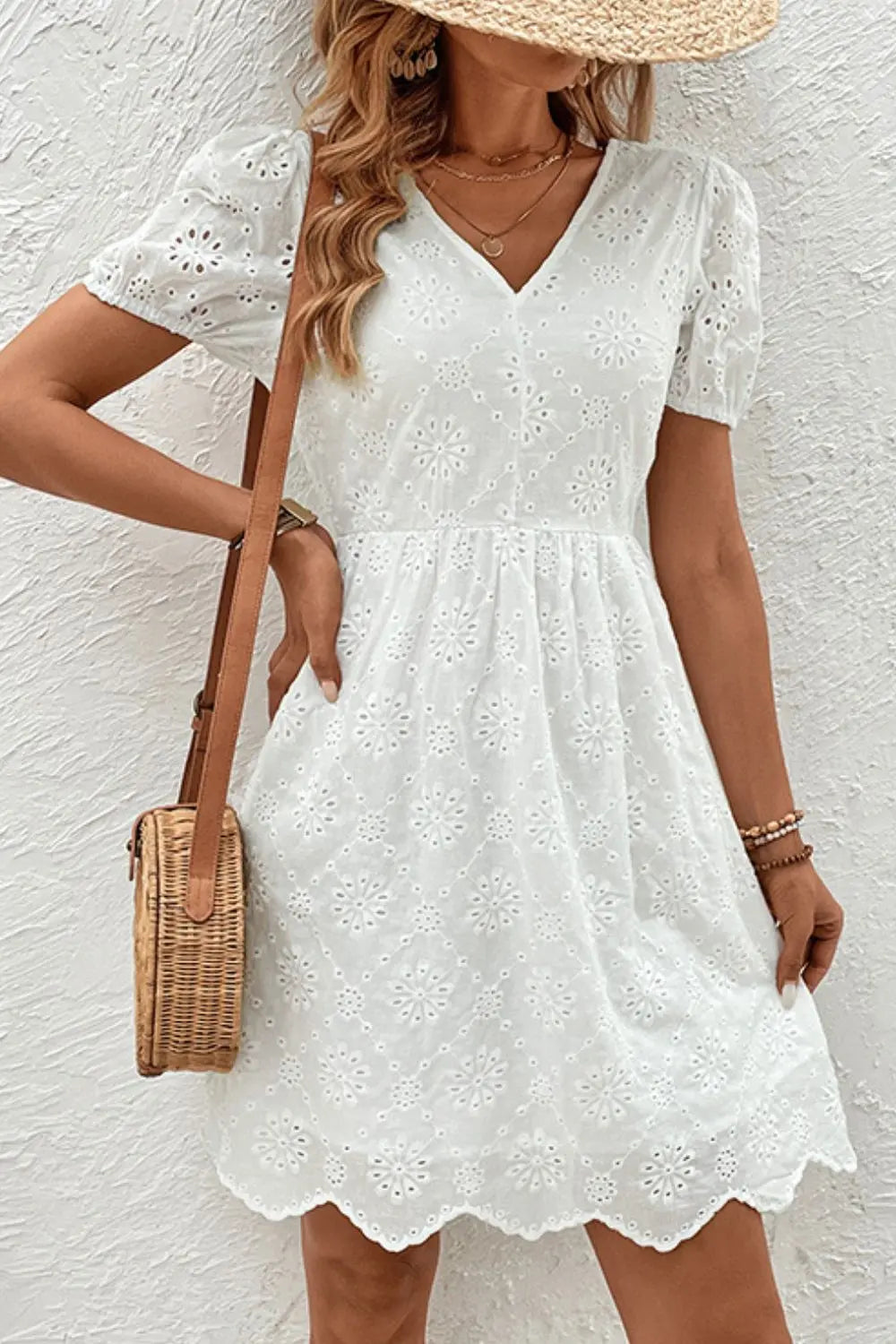 Tied V-Neck Short Sleeve Mini Dress - GlossiChic Collection White / S GlossiChic Collection Dresses