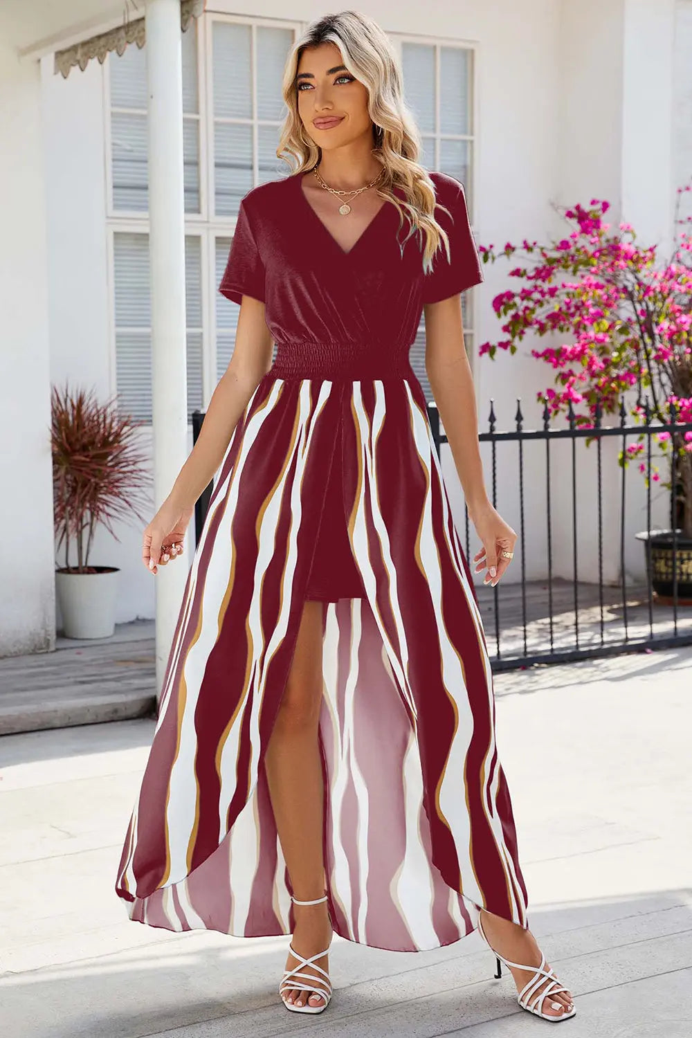 Smocked High-Low Printed Surplice Dress - GlossiChic Collection Deep Red / S GlossiChic Collection Dresses