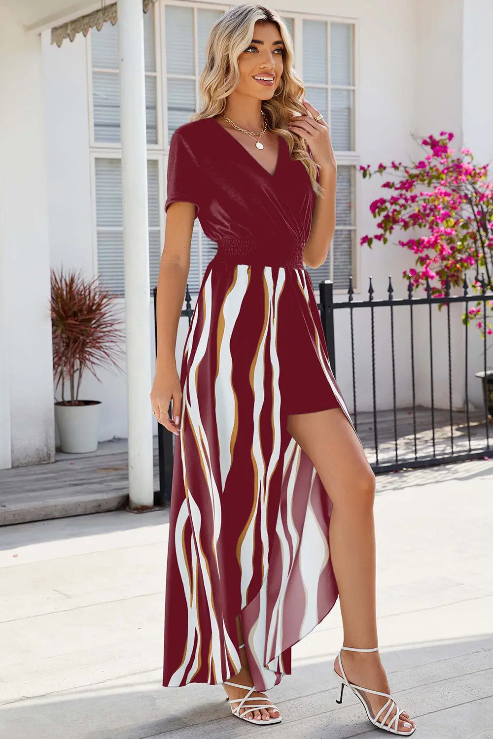Smocked High-Low Printed Surplice Dress - GlossiChic Collection Deep Red / S GlossiChic Collection Dresses
