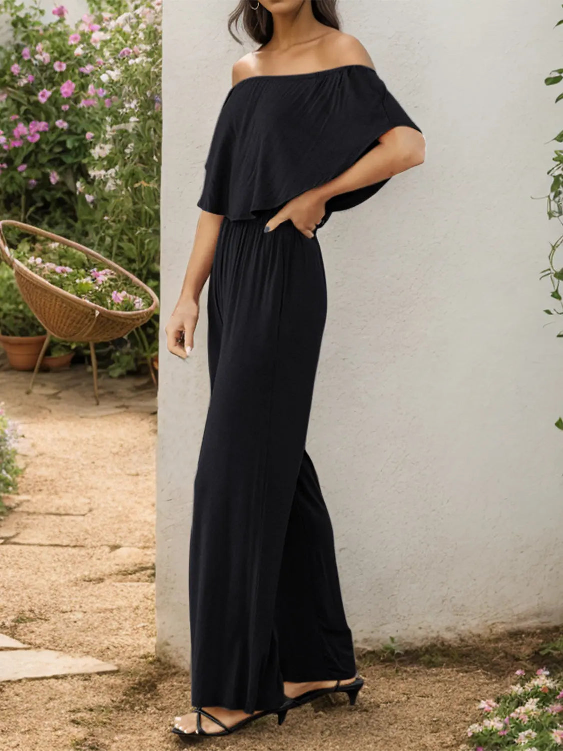 Off-Shoulder Wide Leg Jumpsuit - GlossiChic Collection Charcoal / S GlossiChic Collection Jumpers & Rompers
