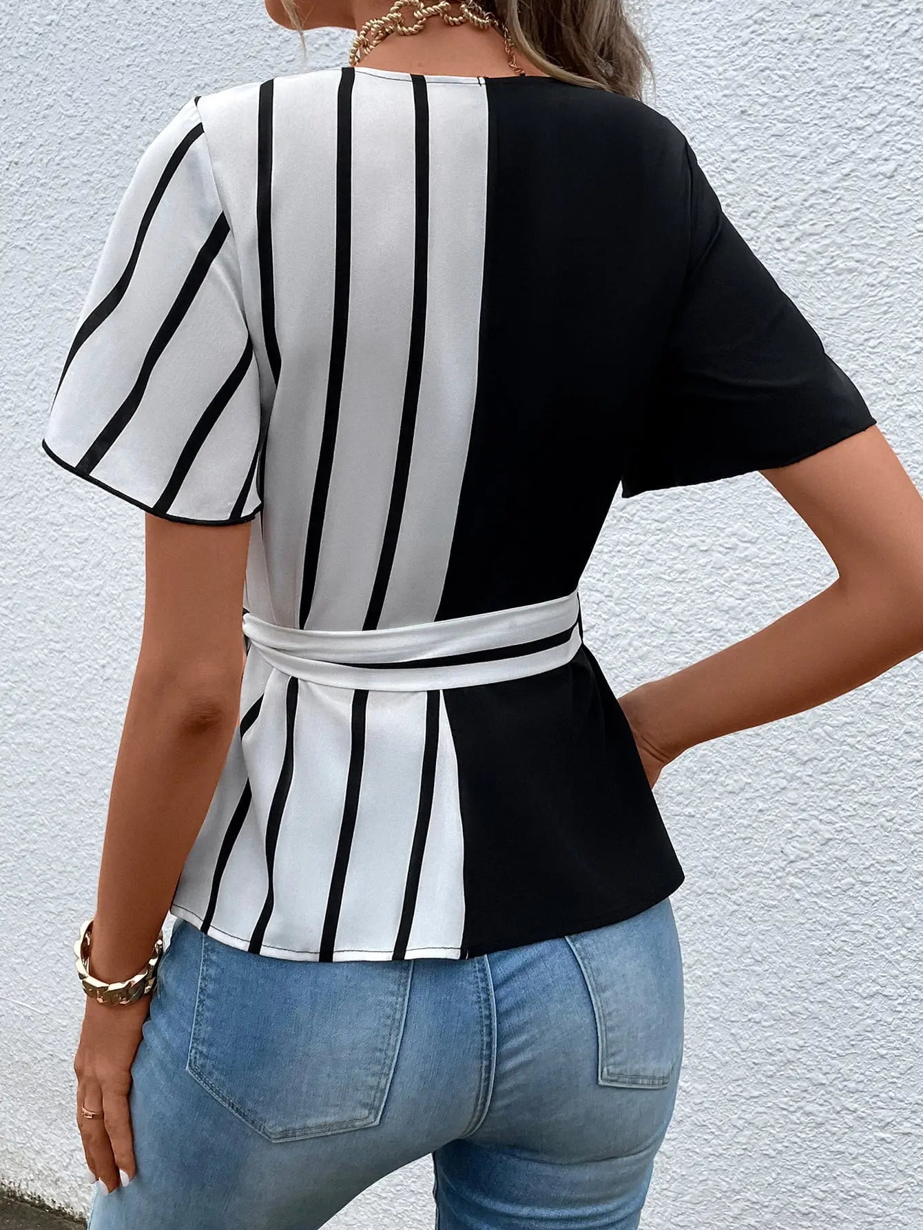 Surplice Neck Waist Tie Flutter Sleeve Blouse - GlossiChic Collection Black / S GlossiChic Collection Shirts & Tops
