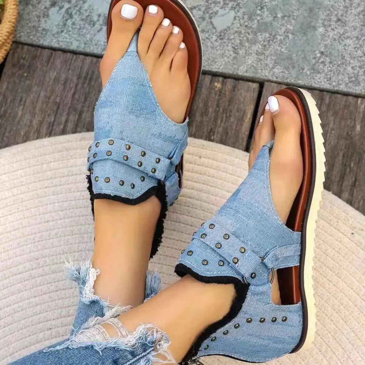 Studded Raw Hem Flat Sandals - GlossiChic Collection Light / 36(US5) GlossiChic Collection Shoes & Accessories