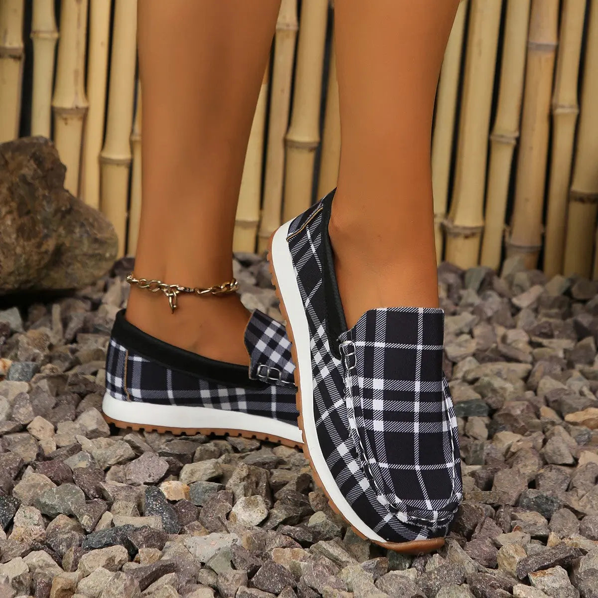 Plaid Round Toe Slip-Ons - GlossiChic Collection Black / 35(US4) GlossiChic Collection Shoes