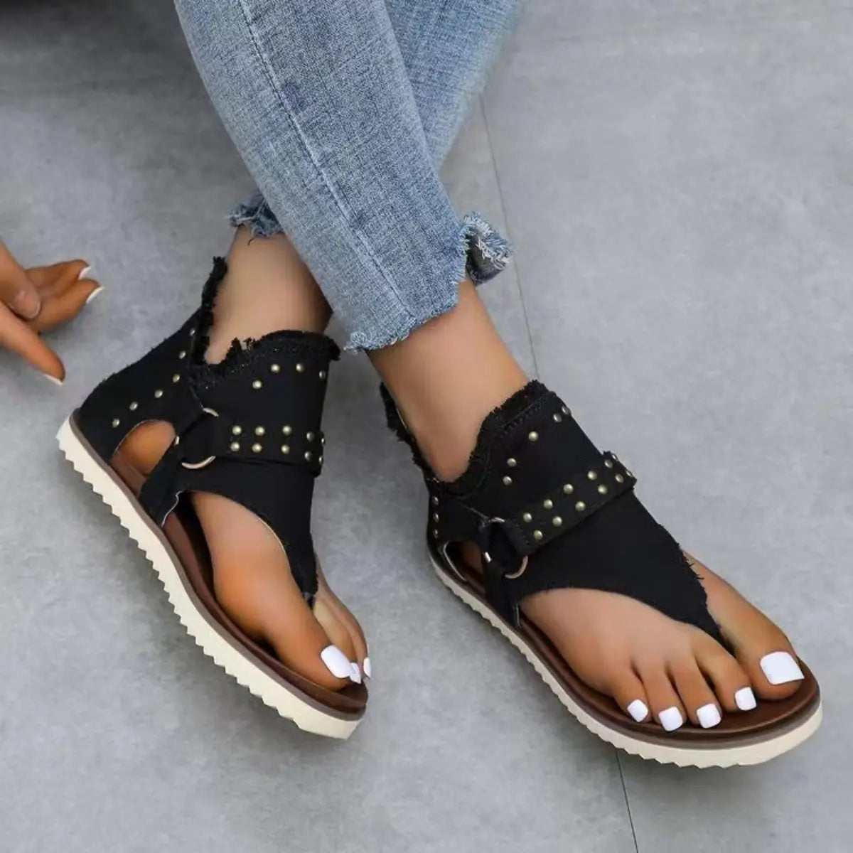 Studded Raw Hem Flat Sandals - GlossiChic Collection Medium / 36(US5) GlossiChic Collection Shoes & Accessories