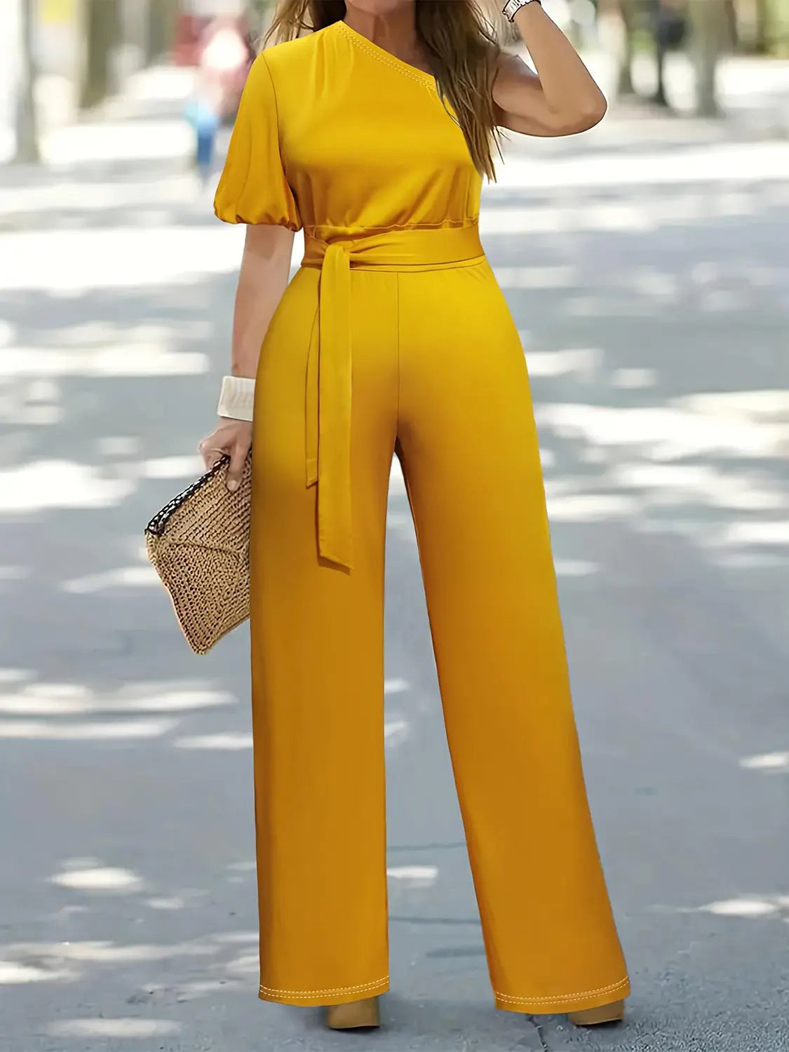 Plus Size Single Shoulder Tie Waist Jumpsuit - GlossiChic Collection Gold / 1XL GlossiChic Collection Jumpers & Rompers