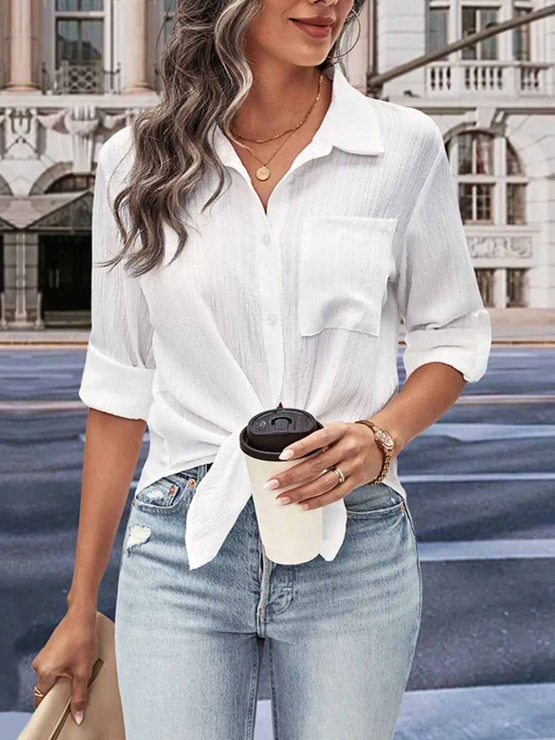 Collared Neck Half Sleeve Twisted Shirt - GlossiChic Collection White / S GlossiChic Collection Shirts & Tops