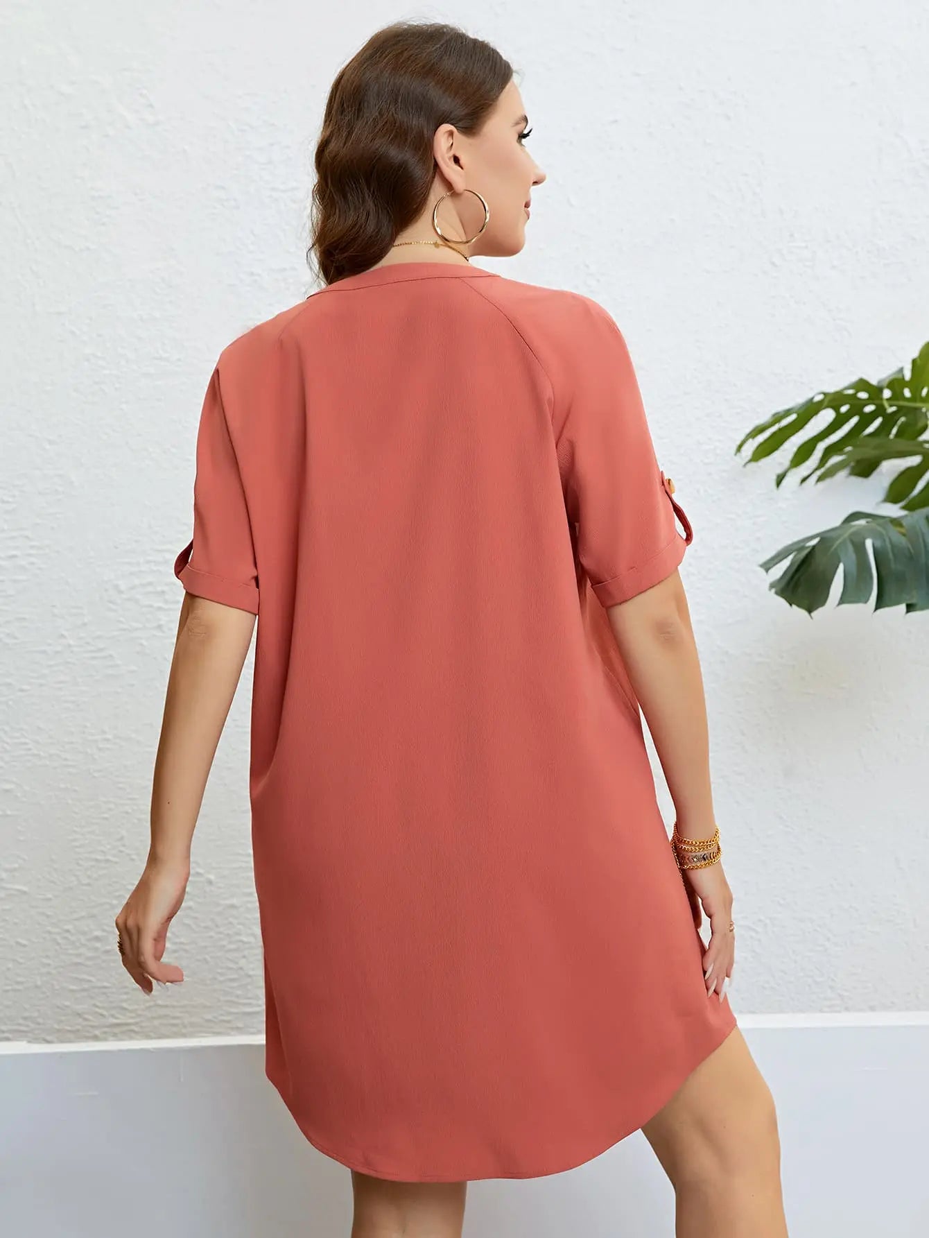 Plus Size Buttoned Notched Neck Shift Dress - GlossiChic Collection Coral / 1XL GlossiChic Collection Dresses