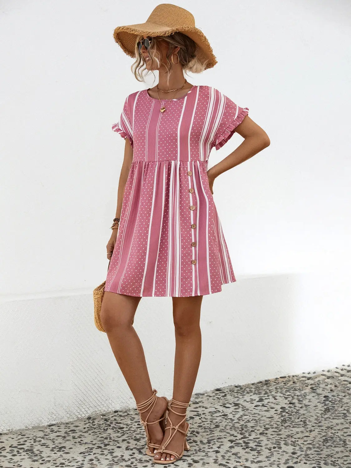 Striped Polka Dot Frill Short Sleeve Mini Dress - GlossiChic Collection Black / S GlossiChic Collection Dresses