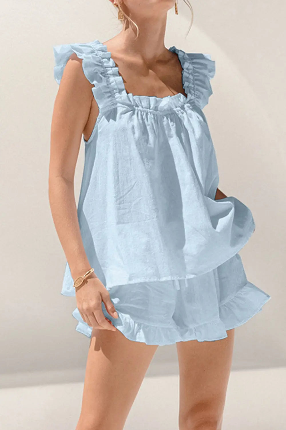 Ruffled Square Neck Top and Shorts Set - GlossiChic Collection Mint Blue / S GlossiChic Collection Outfit Sets