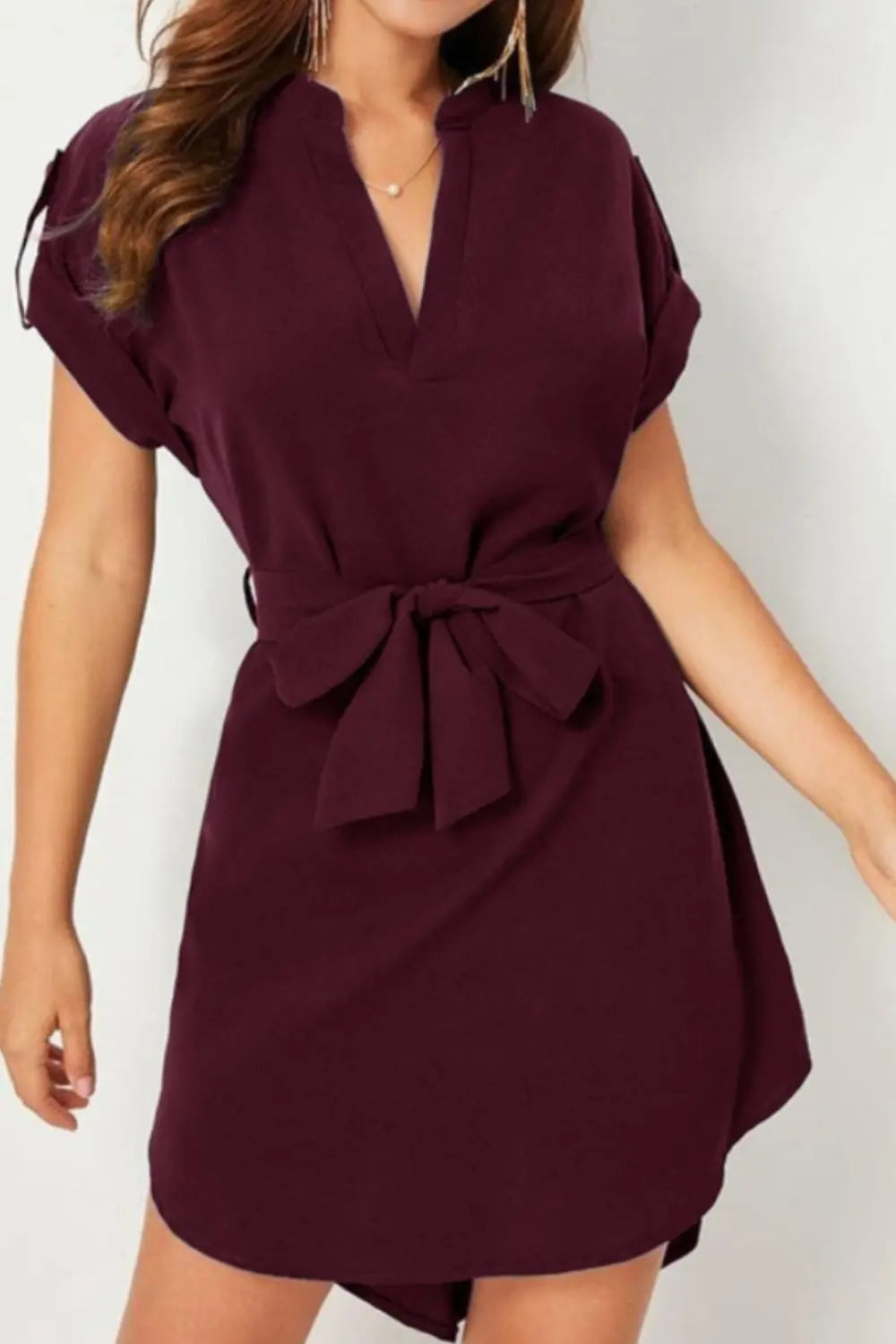 Tied Notched Short Sleeve Dress - GlossiChic Collection Wine / S GlossiChic Collection Dresses