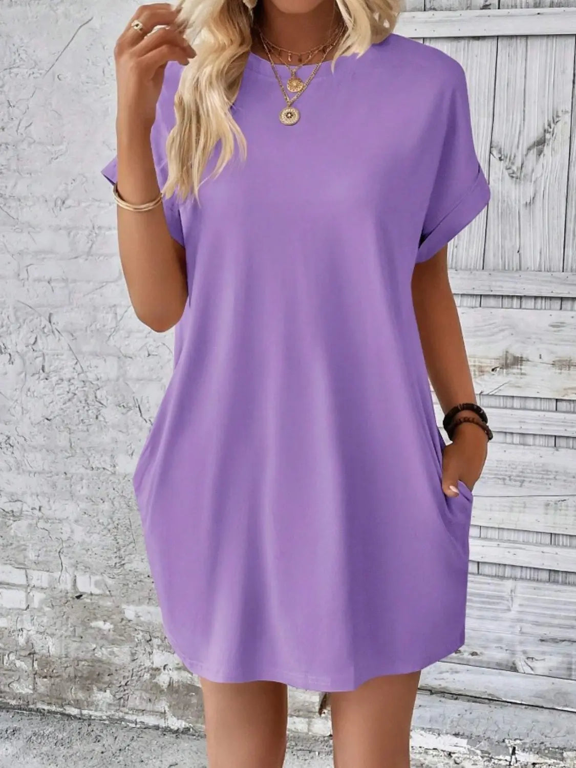 Pocketed Round Neck Short Sleeve Dress - GlossiChic Collection Lavender / S GlossiChic Collection Dresses