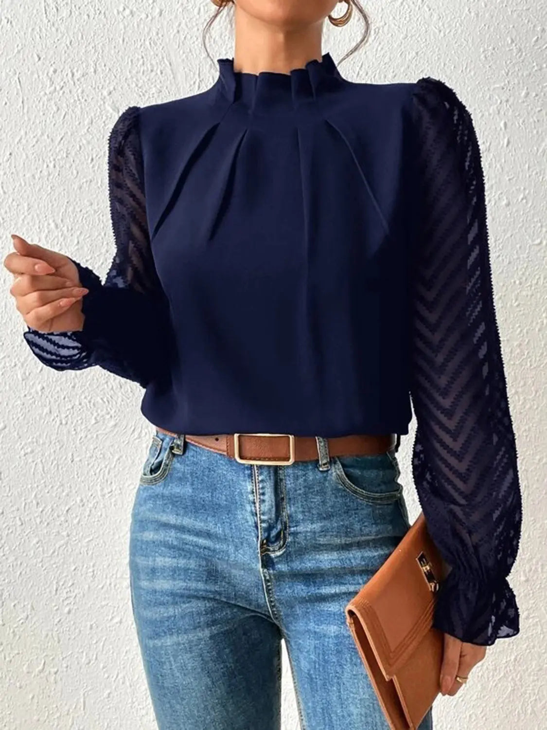 Mock Neck Flounce Sleeve Blouse - GlossiChic Collection Navy / S GlossiChic Collection Shirts & Tops