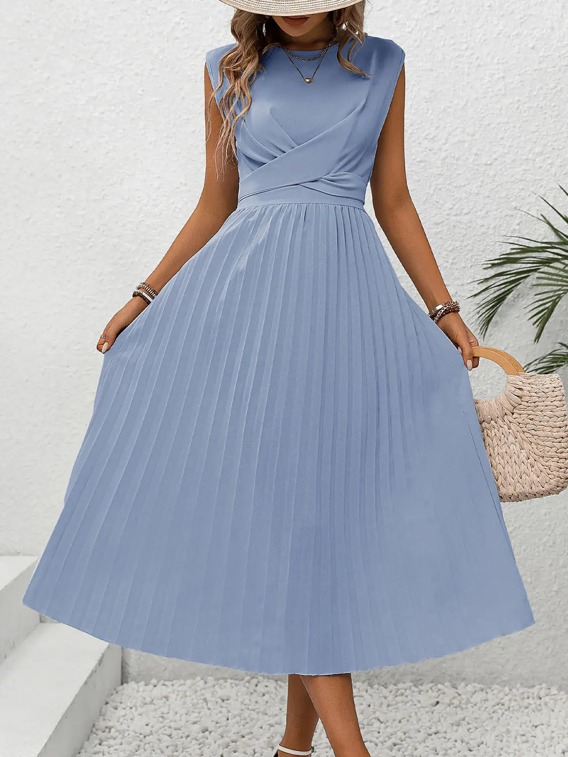 Pleated Round Neck Cap Sleeve Dress - GlossiChic Collection Blue / S GlossiChic Collection Dresses