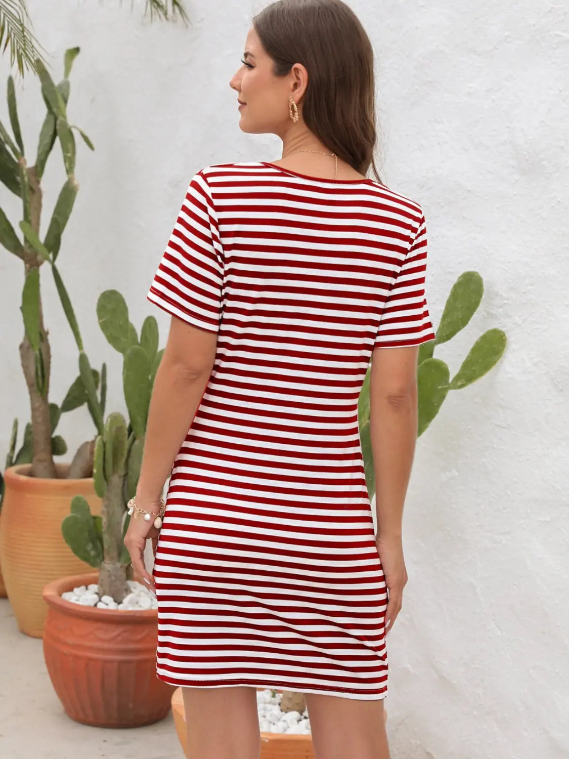 Cutout Striped Round Neck Short Sleeve Dress - GlossiChic Collection Chestnut / S GlossiChic Collection Dresses