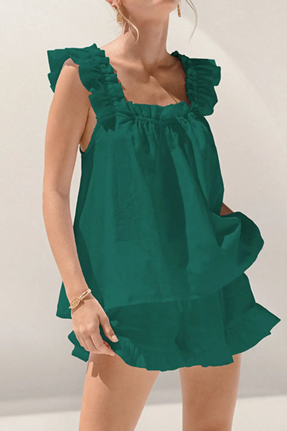 Ruffled Square Neck Top and Shorts Set - GlossiChic Collection Green / S GlossiChic Collection Outfit Sets
