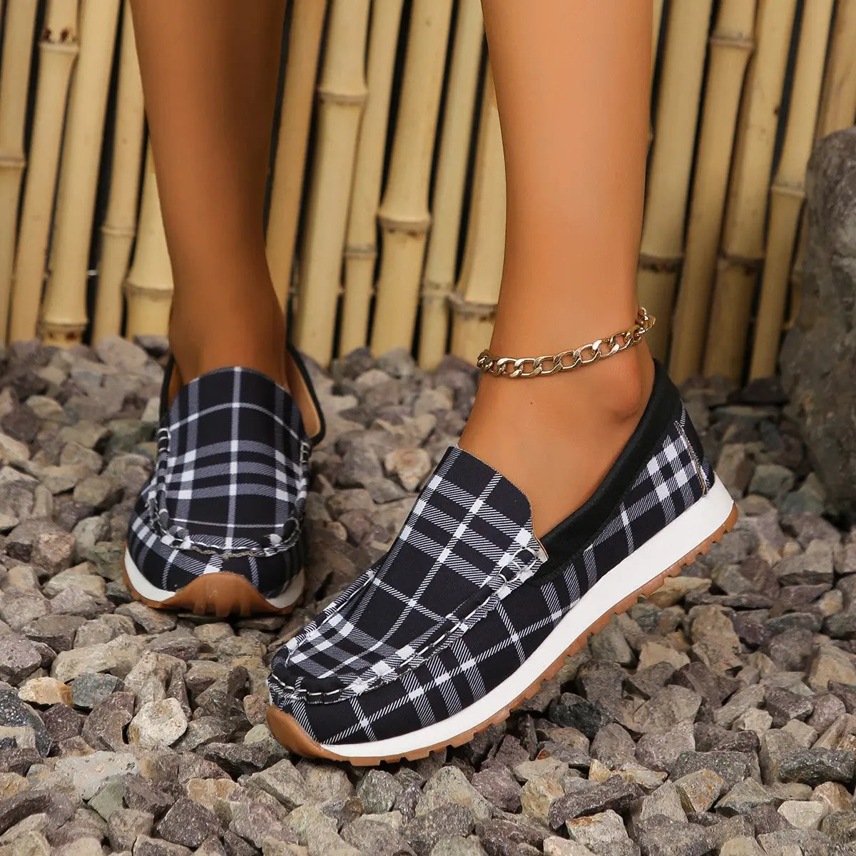 Plaid Round Toe Slip-Ons - GlossiChic Collection Black / 35(US4) GlossiChic Collection Shoes