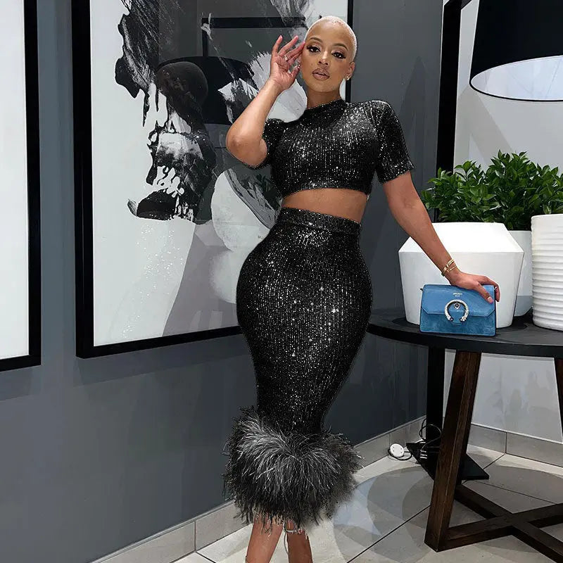 Sexy Sequins Feather Skirt - GlossiChic Collection Black / S GlossiChic Collection Dresses