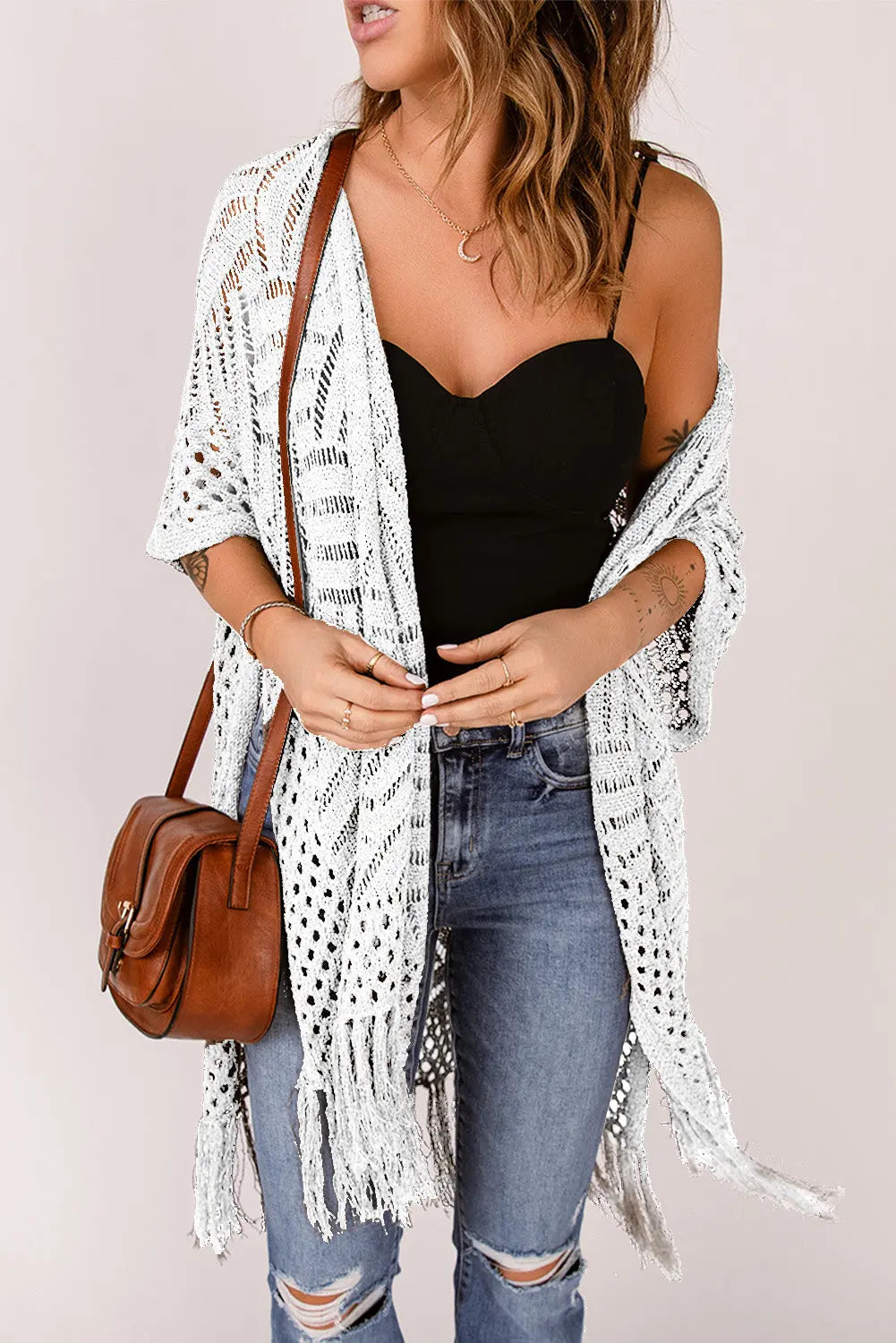 Open Front Cardigan with Fringes - GlossiChic Collection White / One Size GlossiChic Collection Blazer & Cardigan