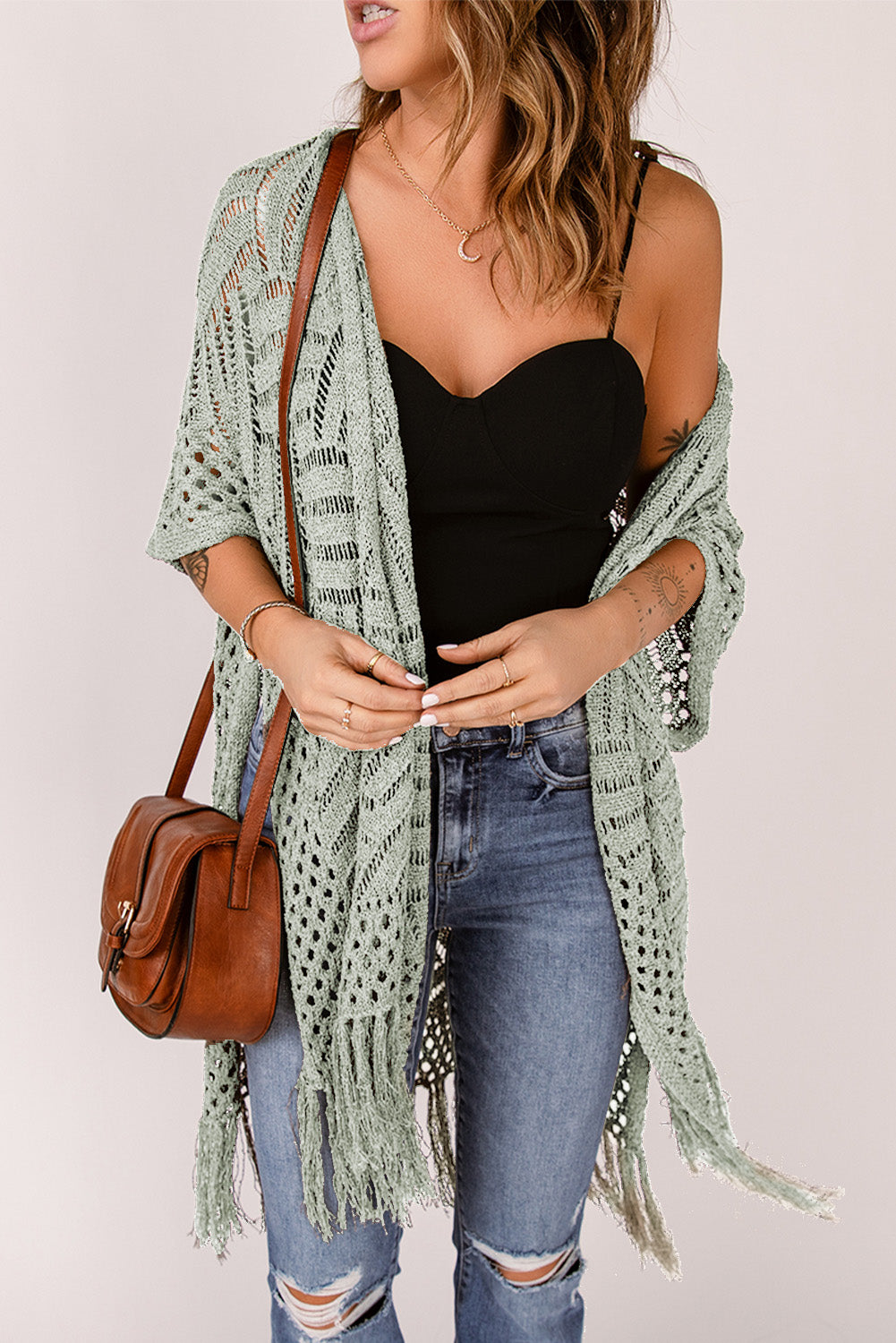 Open Front Cardigan with Fringes - GlossiChic Collection Sage / One Size GlossiChic Collection Blazer & Cardigan