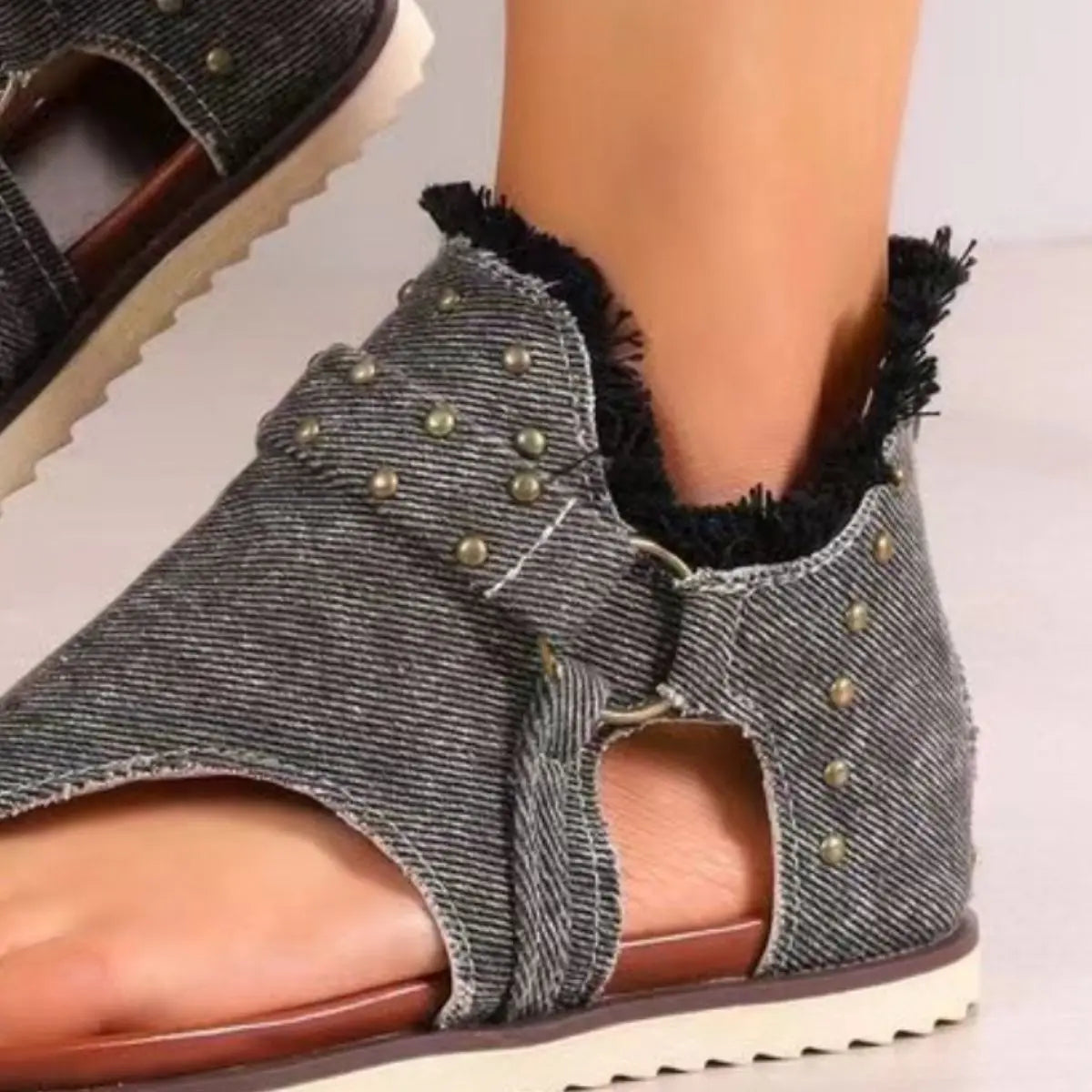 Studded Raw Hem Flat Sandals - GlossiChic Collection Medium / 36(US5) GlossiChic Collection Shoes & Accessories