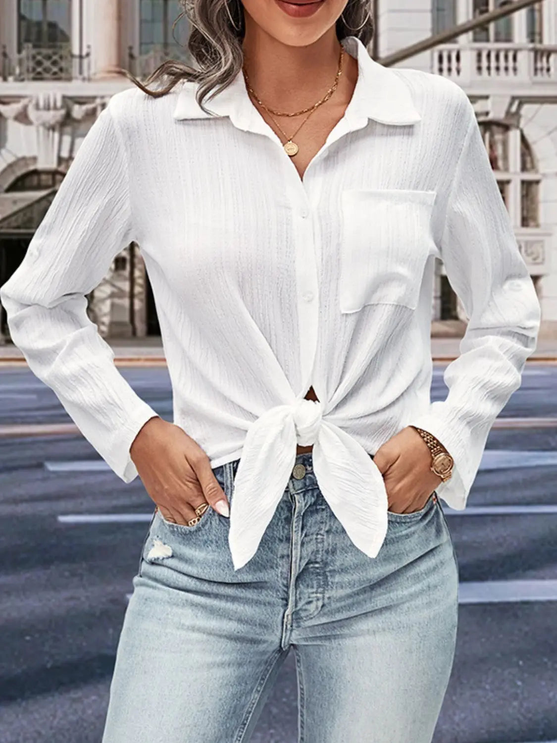 Collared Neck Half Sleeve Twisted Shirt - GlossiChic Collection White / S GlossiChic Collection Shirts & Tops