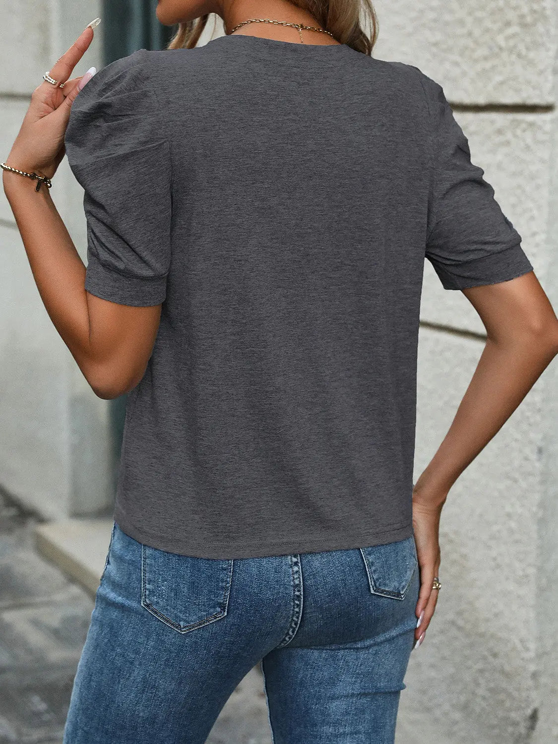 Round Neck Puff Sleeve T-Shirt - GlossiChic Collection Charcoal / S GlossiChic Collection Shirts & Tops