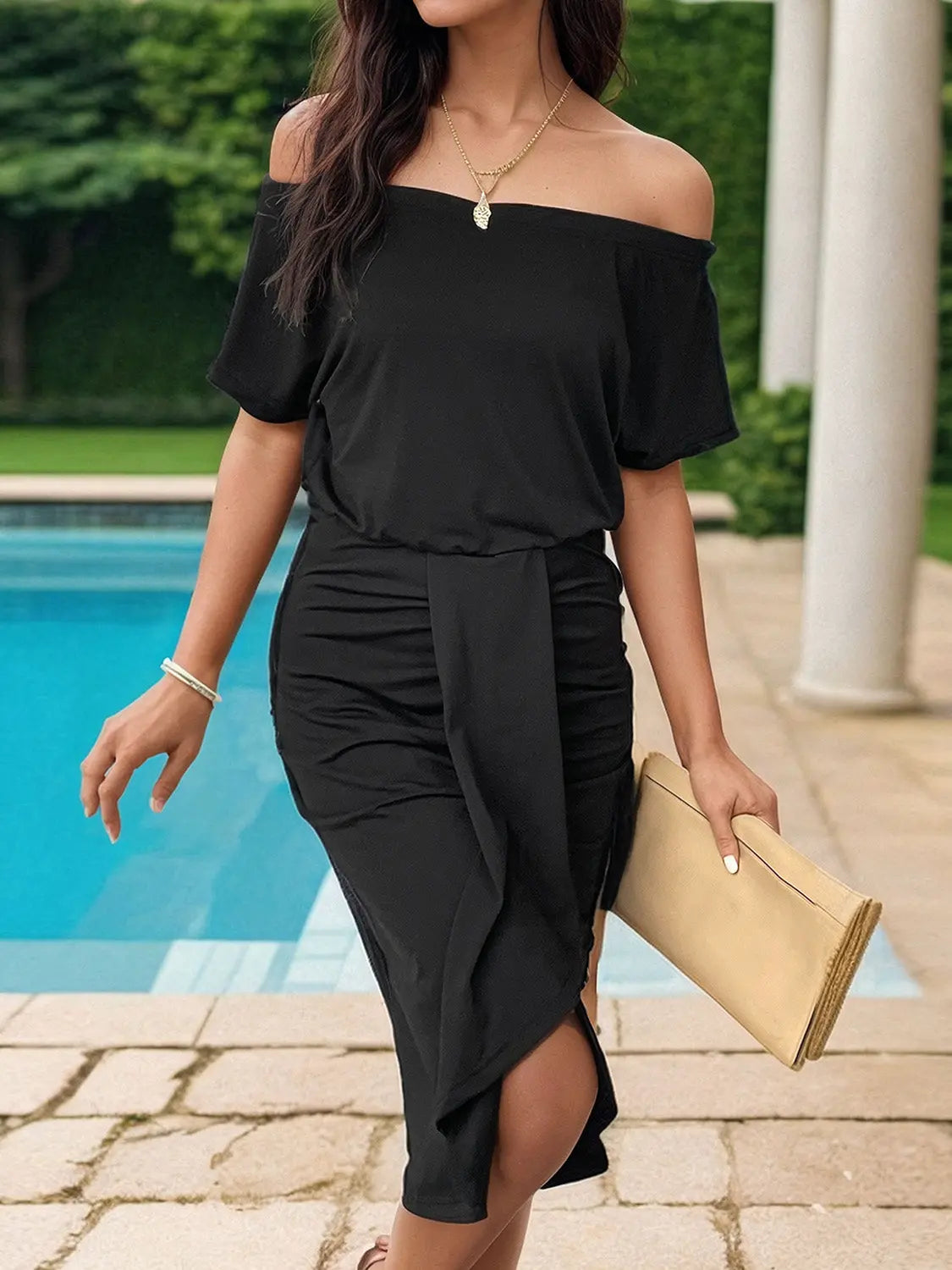 Ruched Off-Shoulder Dress - GlossiChic Collection Black / S GlossiChic Collection Dresses