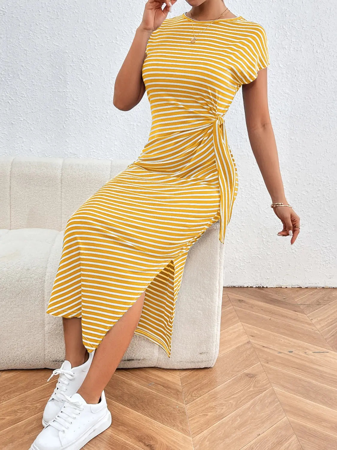 Tied Striped Round Neck Short Sleeve Tee Dress - GlossiChic Collection Yellow / S GlossiChic Collection Dresses