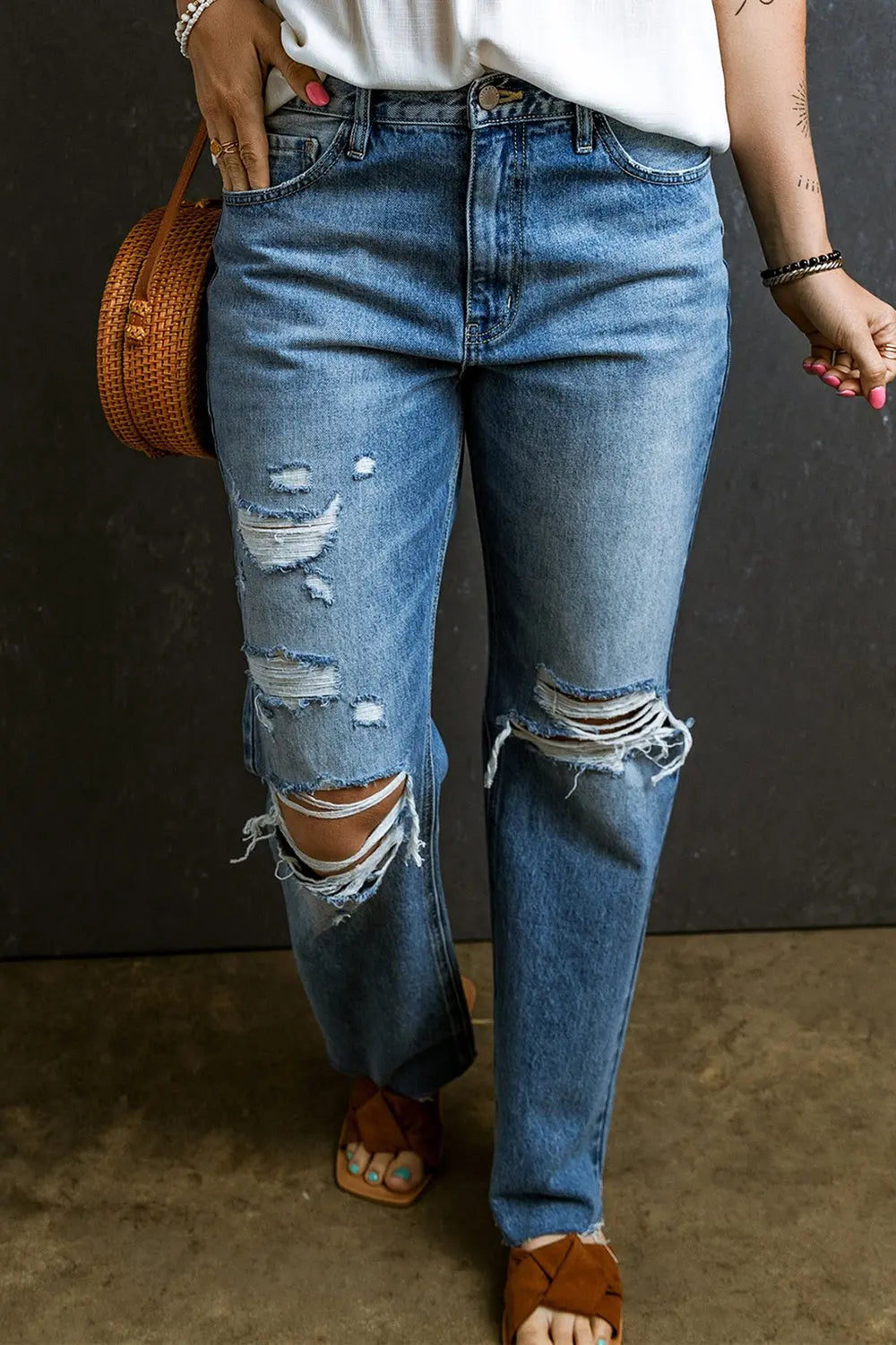 Distressed Raw Hem Jeans with Pockets - GlossiChic Collection Medium / 6 GlossiChic Collection Jeans, Pants, & Shorts
