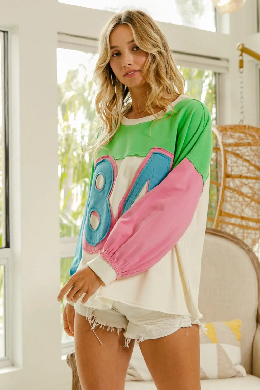 Color Block Patched Long Sleeve Top - GlossiChic Collection Ivory/Green / S GlossiChic Collection Shirts & Tops