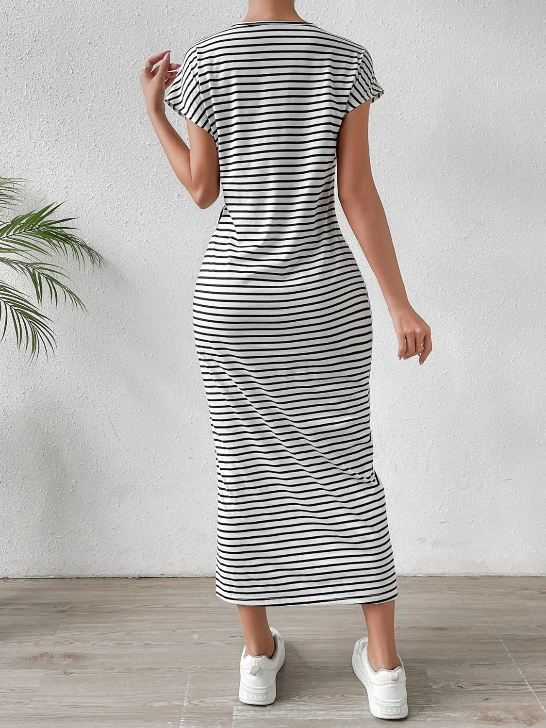 Tied Striped Round Neck Short Sleeve Tee Dress - GlossiChic Collection Black / S GlossiChic Collection Dresses