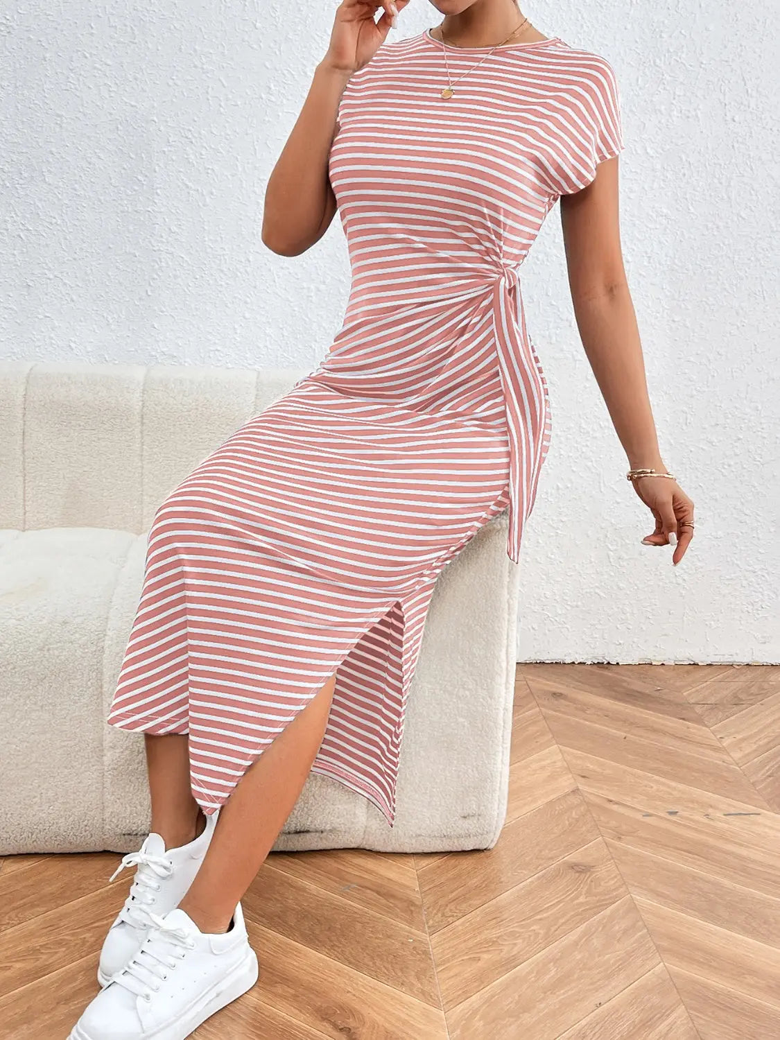 Tied Striped Round Neck Short Sleeve Tee Dress - GlossiChic Collection Blush Pink / S GlossiChic Collection Dresses