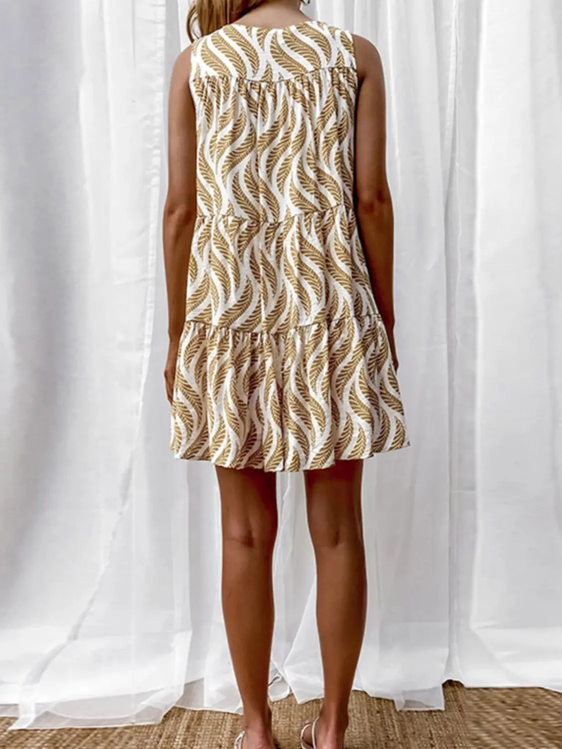 Printed V-Neck Sleeveless Mini Dress - GlossiChic Collection Straw / S GlossiChic Collection Dresses