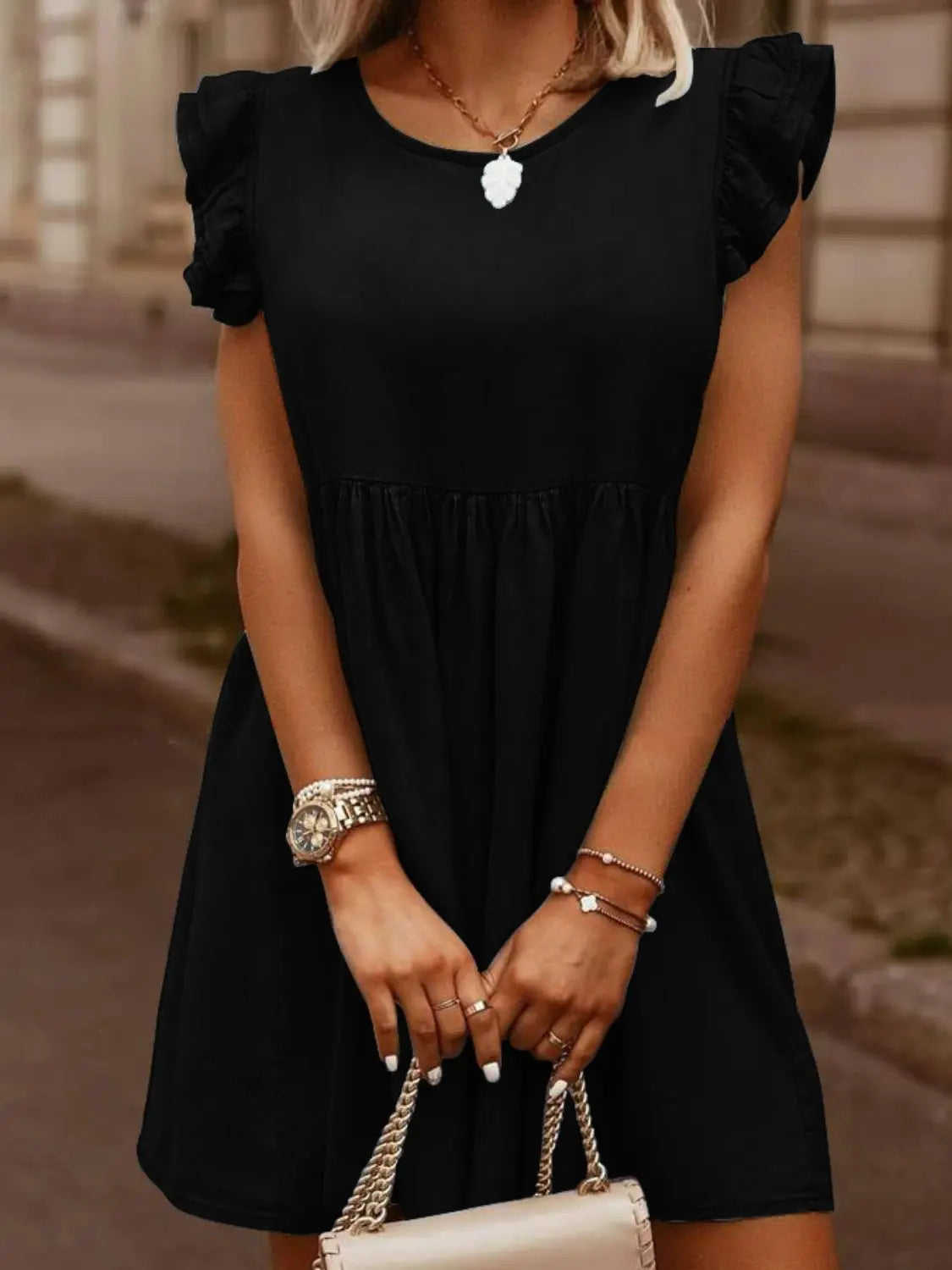 Full Size Ruffled Round Neck Cap Sleeve Denim Dress - GlossiChic Collection Black / S GlossiChic Collection Dresses