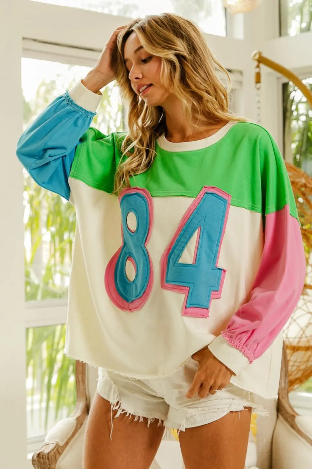 Color Block Patched Long Sleeve Top - GlossiChic Collection Ivory/Green / S GlossiChic Collection Shirts & Tops